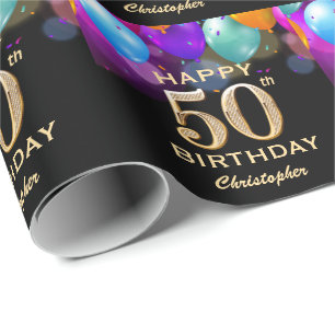 Papier Cadeau 50e fête d'anniversaire Ballons noirs et or