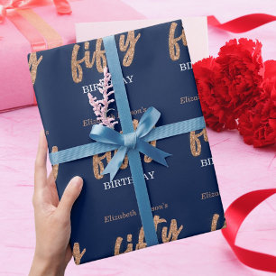 Papier Cadeau 50e fête d'anniversaire Modern Gold & Blue   Cinqu
