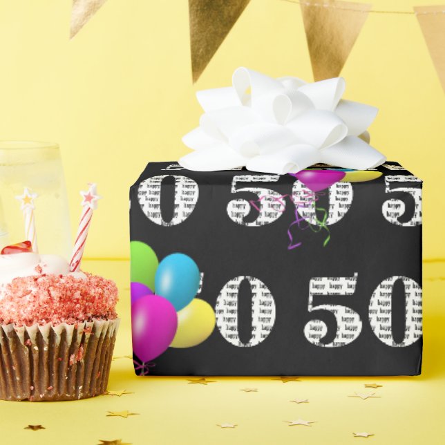Papier Cadeau 50e Joyeux Ballons d'Anniversaire Sur Noir (Fête d'anniversaire)