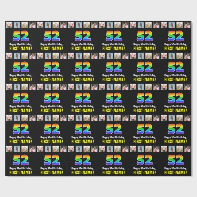 Papier Cadeau 52e anniversaire : Arc-en-ciel "52"; photos et nom (Plat)