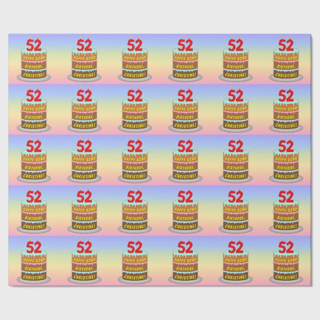 Papier Cadeau 52e anniversaire : Fun Cake and Candles + Nom pers (Couture)