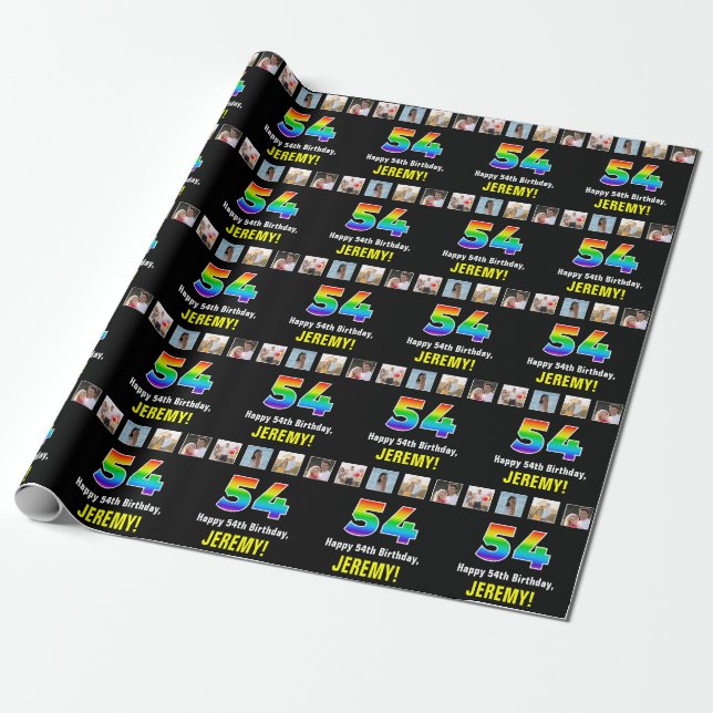 Papier Cadeau 54e anniversaire : Arc-en-ciel "54"; photos et nom (Déroulé)