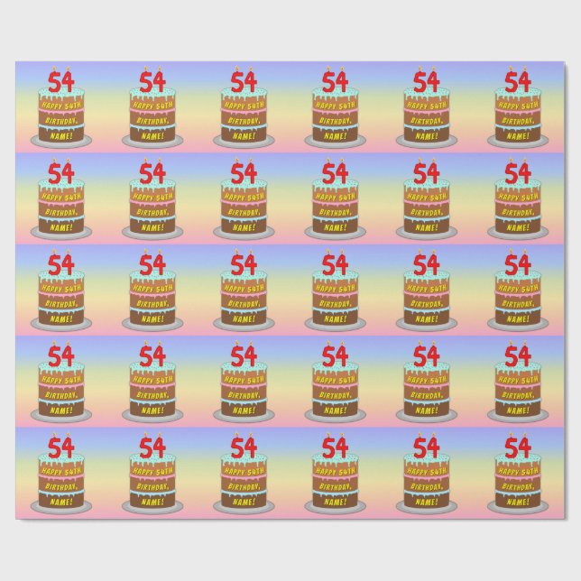 Papier Cadeau 54e anniversaire : Fun Cake and Candles + Nom pers (Plat)