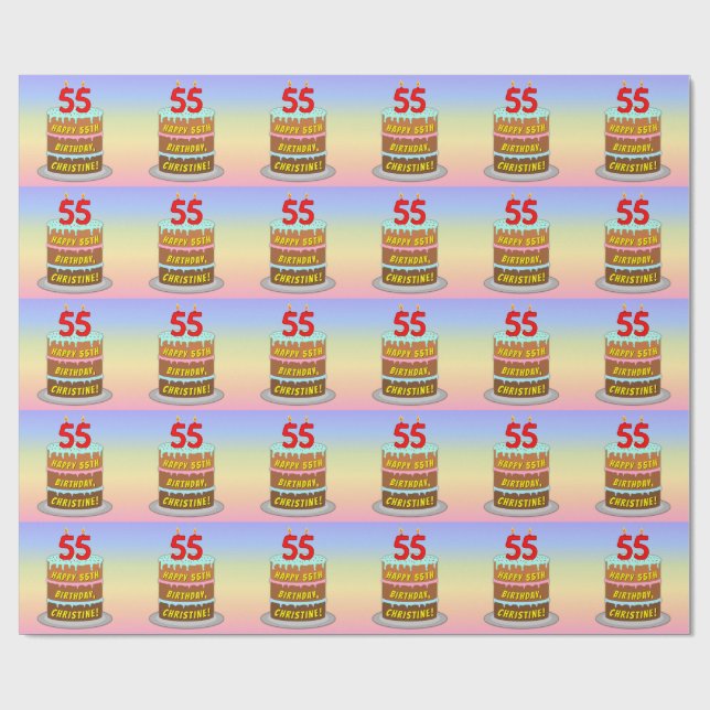 Papier Cadeau 55e anniversaire : Fun Cake and Candles + Nom pers (Plat)