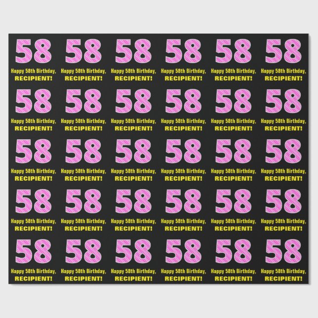 Papier Cadeau 58e anniversaire : Pink Stripes and Hearts "58" +  (Plat)