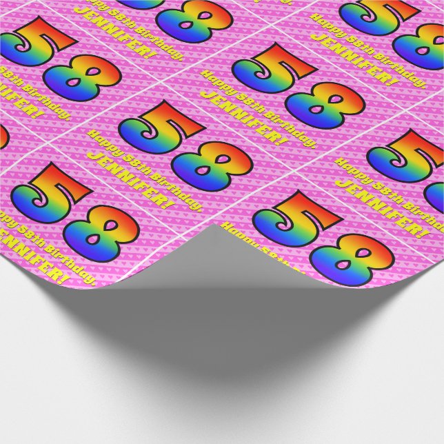 Papier Cadeau 58e anniversaire : Pink Stripes & Hearts, Arc en c (Coin)