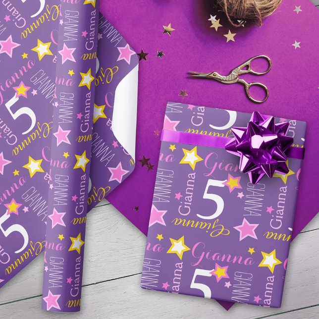 Papier Cadeau 5e anniversaire star nom personnalisé violet rose  (Créateur téléchargé)