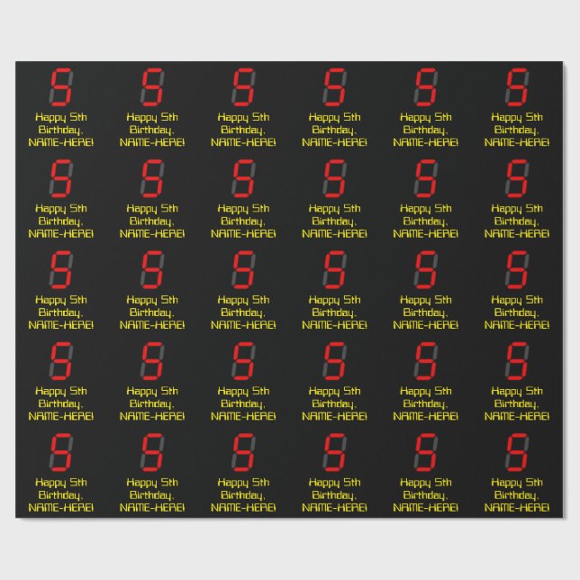 Papier Cadeau 5ème anniversaire : Rouge Digital Horloge Style "5 (Plat)