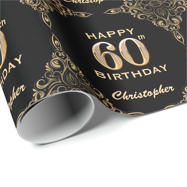 Papier Cadeau 60e anniversaire Black and Gold Parties scintillan (Coin rond)