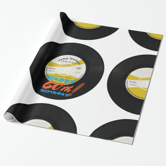 Papier Cadeau 60e anniversaire Retro Vinyl Record 45 RPM Nom WP (Déroulé)
