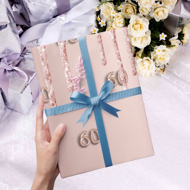 Papier Cadeau 60e anniversaire rose gouttes de parties scintilla (Créateur téléchargé)