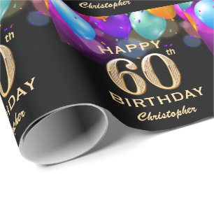Papier Cadeau 60e fête d'anniversaire Ballons noirs et or