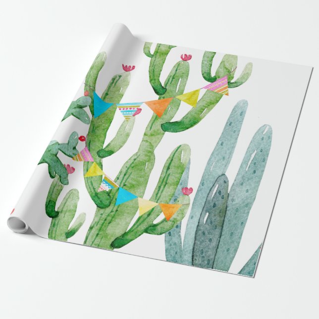 Papier Cadeau 60lb Papier à envelopper Rouleau Boho Llama Cactus (Déroulé)