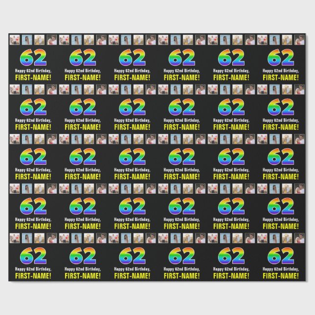 Papier Cadeau 62e anniversaire : Arc-en-ciel "62"; photos et nom (Plat)