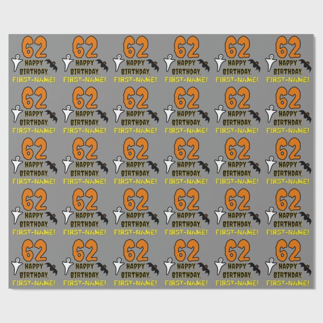 Papier Cadeau 62e anniversaire : Thème d'Halloween Éffrayant, No (Plat)