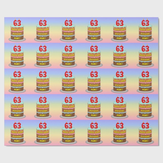 Papier Cadeau 63e anniversaire : Fun Cake and Candles + Nom pers (Plat)