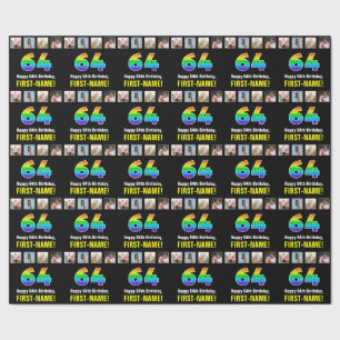 Papier Cadeau 64e anniversaire : Arc-en-ciel "64"; photos et nom