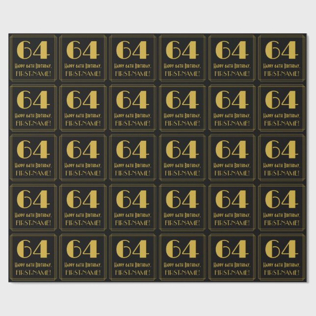 Papier Cadeau 64e anniversaire ~ Art Déco Inspiré Look "64", Nom (Plat)