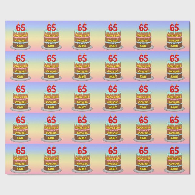 Papier Cadeau 65e anniversaire : Fun Cake and Candles + Nom pers (Couture)