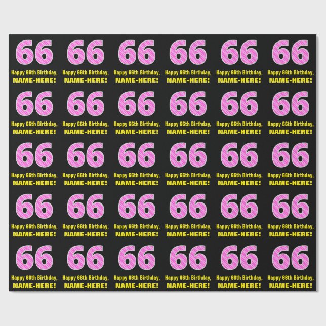 Papier Cadeau 66e anniversaire : Pink Stripes and Hearts "66" +  (Plat)