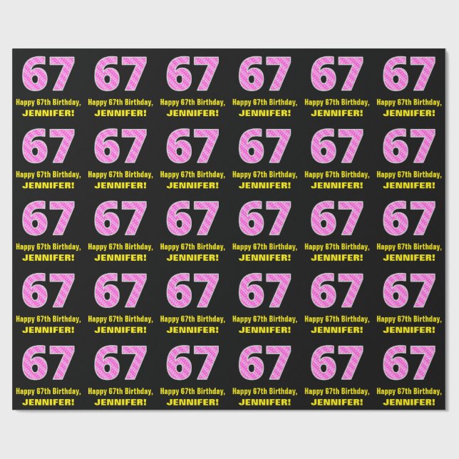 Papier Cadeau 67ème anniversaire : Pink Stripes and Hearts "67"  (Plat)