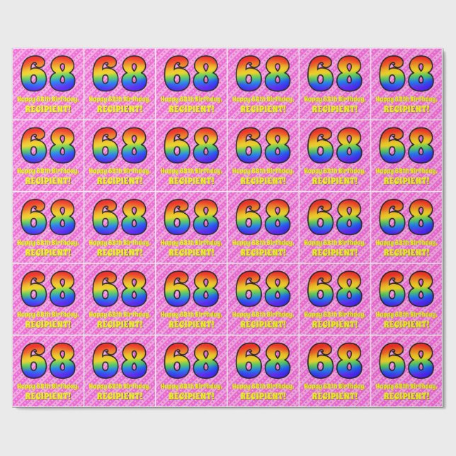 Papier Cadeau 68e anniversaire : Pink Stripes & Hearts, Arc en c (Plat)