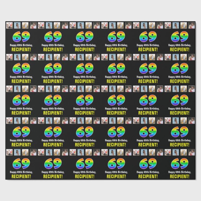 Papier Cadeau 69e anniversaire : Arc-en-ciel "69"; photos et nom (Couture)