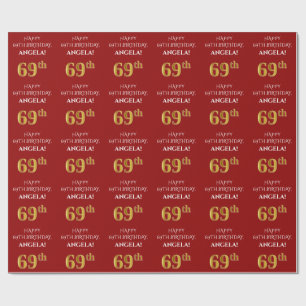 Papier Cadeau 69e anniversaire : Elégant, Rouge, Faux Gold Look