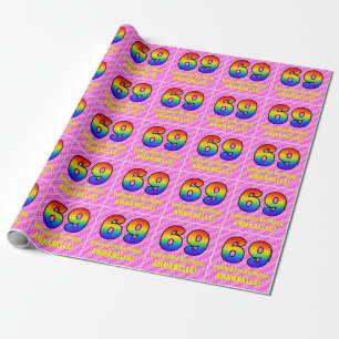 Papier Cadeau 69e anniversaire : Pink Stripes & Hearts, Arc en c