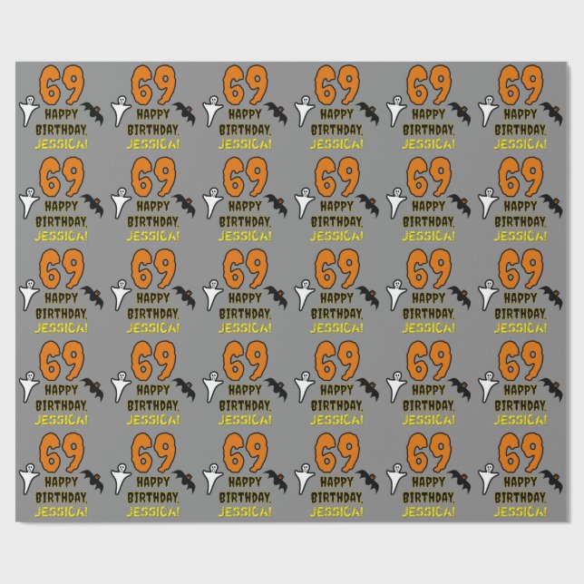 Papier Cadeau 69e anniversaire : Thème d'Halloween Éffrayant, No (Plat)
