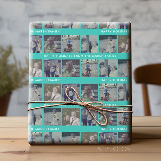 Papier Cadeau 6 Collage photo avec Happy Holiday Text Aqua Turqu (Custom Photo Wrapping Paper)