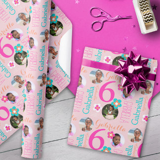 Papier Cadeau 6th birthday flower custom name photos age kids