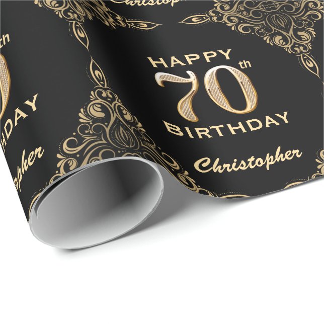 Papier Cadeau 70e anniversaire Black and Gold Parties scintillan (Coin rond)
