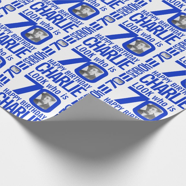 Papier Cadeau 70e anniversaire bleu look 70 personnalisation pho (Coin)