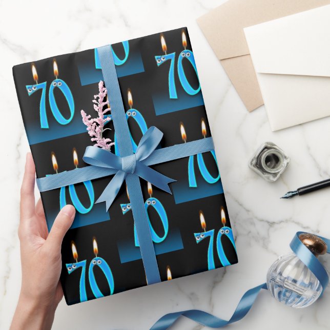 Papier Cadeau 70e anniversaire bougies avec boules d'yeux (Cadeaux)