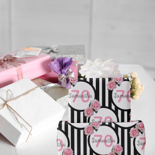 Papier Cadeau 70e anniversaire chic rose roses noir blanc rayure