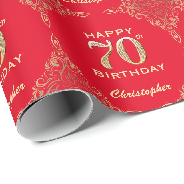 Papier Cadeau 70e anniversaire Parties scintillant rouge et or (Coin rond)