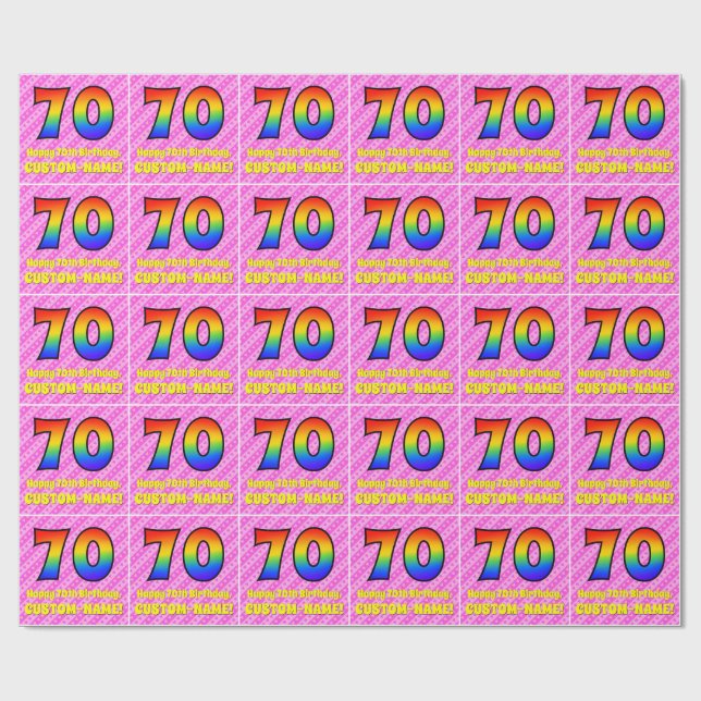 Papier Cadeau 70e anniversaire : Pink Stripes & Hearts, Rainbow  (Plat)