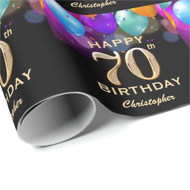Papier Cadeau 70e fête d'anniversaire Ballons noirs et or (Coin rond)
