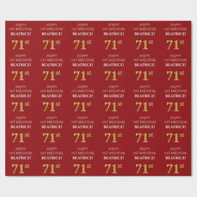 Papier Cadeau 71e anniversaire : Elégant, Rouge, Faux Gold Look (Plat)