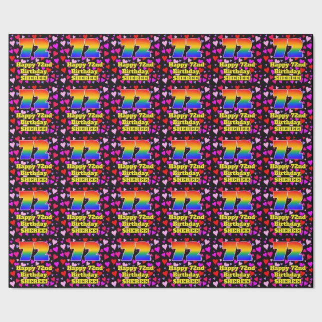 Papier Cadeau 72e anniversaire : Amour Hearts Motif, Arc-en-ciel (Couture)