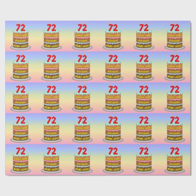 Papier Cadeau 72e anniversaire : Fun Cake and Candles + Nom pers (Plat)