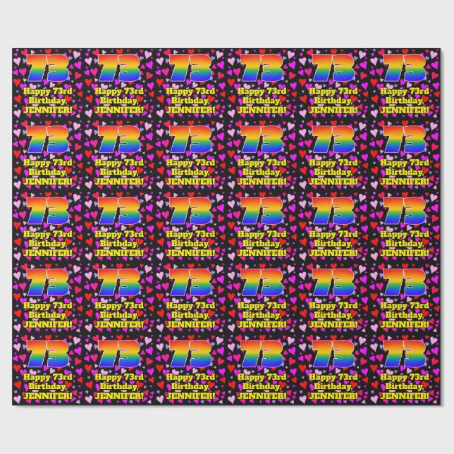 Papier Cadeau 73e anniversaire : Amour Hearts Motif, Arc en ciel (Plat)
