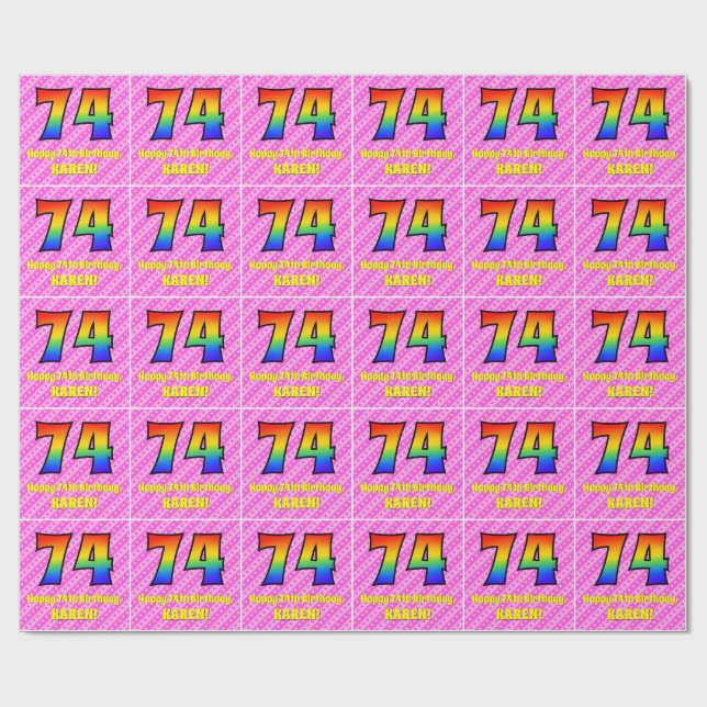 Papier Cadeau 74e anniversaire : Pink Stripes & Hearts, Arc en c (Plat)