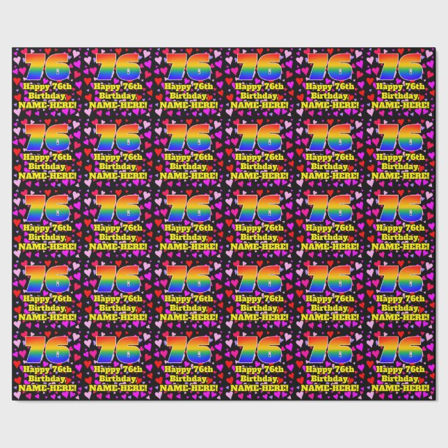Papier Cadeau 76e anniversaire : Amour Hearts Motif, Arc en ciel (Couture)