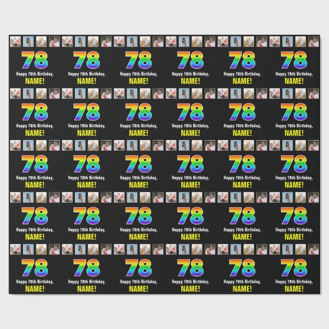 Papier Cadeau 78e anniversaire : Arc-en-ciel "78"; photos et nom (Couture)