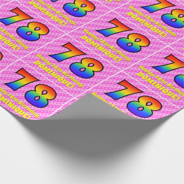 Papier Cadeau 78e anniversaire : Pink Stripes & Hearts, Arc en c (Coin)