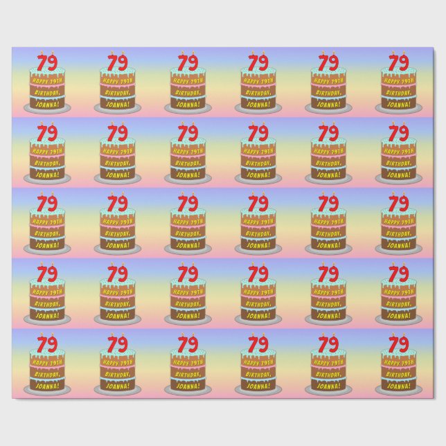 Papier Cadeau 79e anniversaire : Fun Cake and Candles + Nom pers (Couture)
