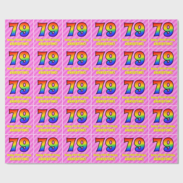 Papier Cadeau 79e anniversaire : Pink Stripes & Hearts, Arc en c (Plat)
