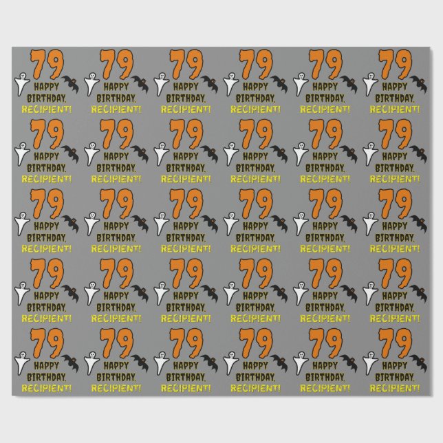 Papier Cadeau 79e Birthday: Spooky Halloween Theme, nom de Custo (Plat)